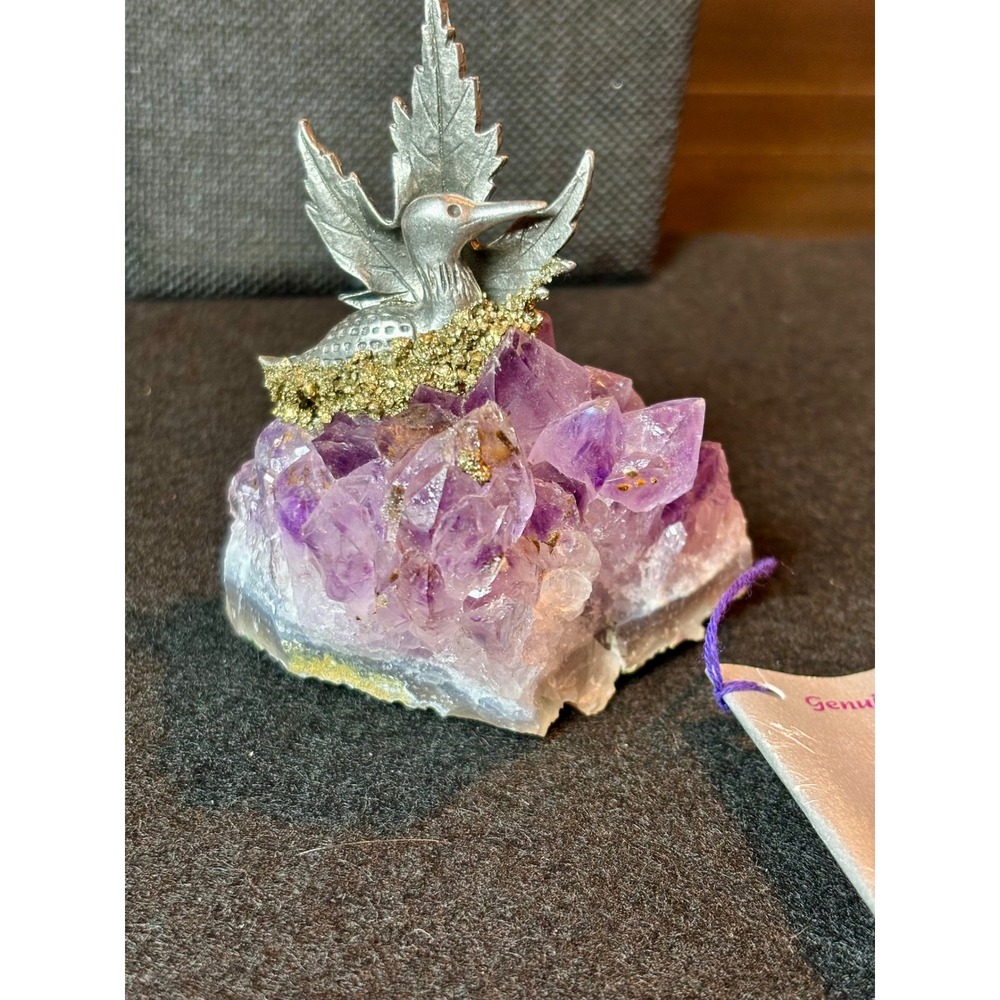 Rock Art Originals Romi Wolf Pewter Loon Maple Leaf on Amethyst Cluster 1999